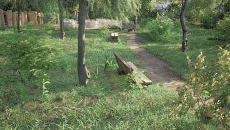lush green park featuring benches and a winding path in natural surroundings