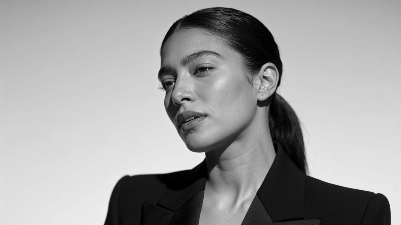 Cueing model black blazer stud earring turning face closing eyes lifting chin for studio portrait