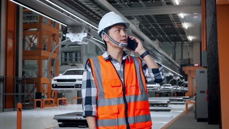 trabajador de la fábrica en el teléfono