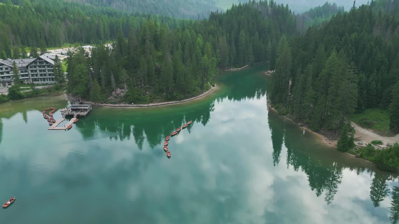 Aerial view of mountain landscape in the Dolomites, Italy on a sunny day