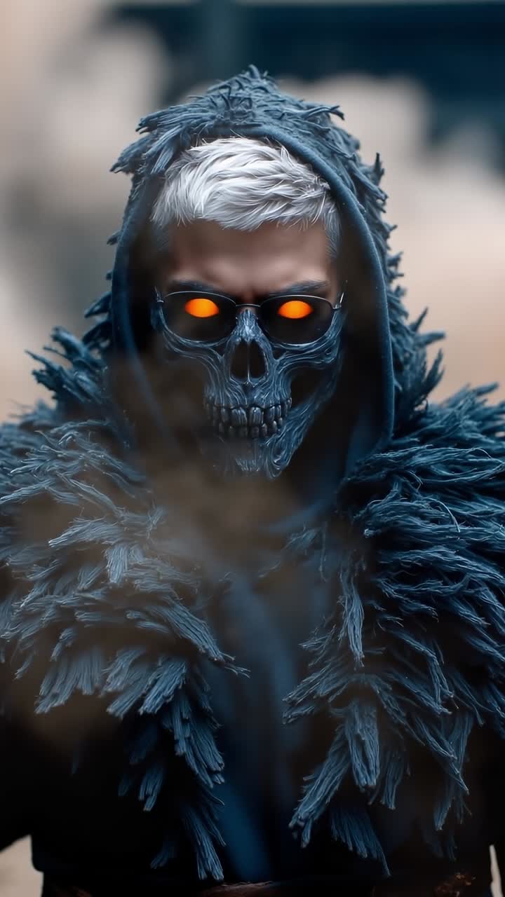 A man in a hooded hoodie with a skull mask and feathers on his head