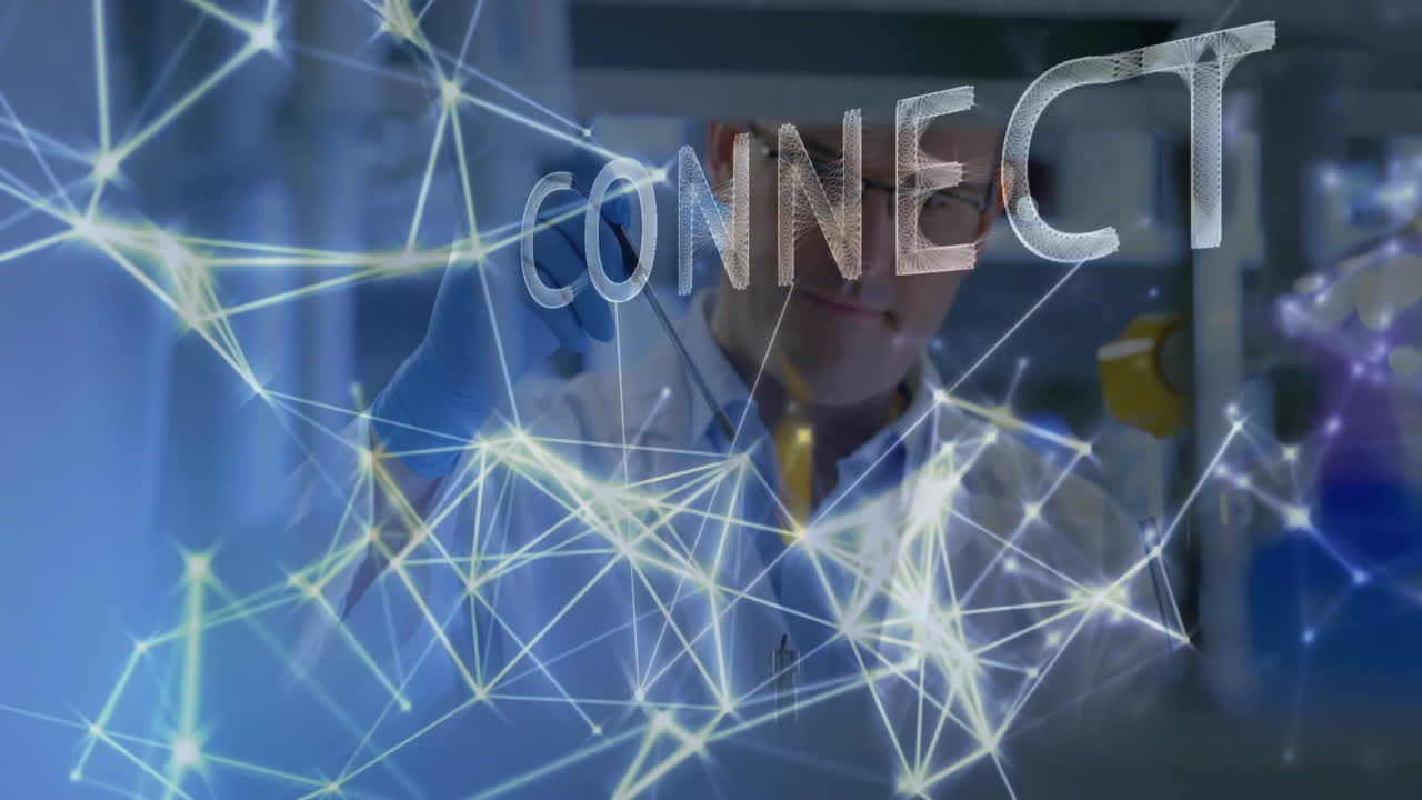 In lab, scientist interacting with digital network and CONNECT animation overlay