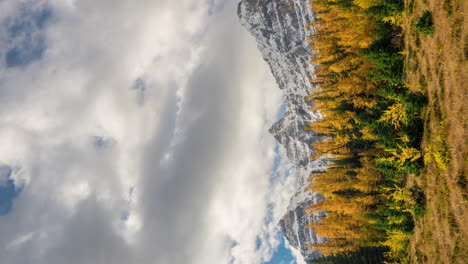 vertical 4k time lapse, autumn season in mountain range of canada, larch forest valley, snow capped peaks and clouds