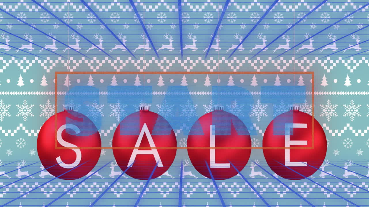 크리스마스 패턴 배경 위에 시작 및 판매 텍스트의 애니메이션