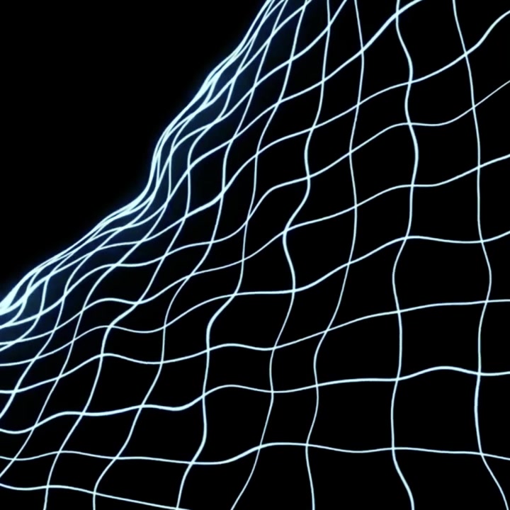 Abstract Blue Glowing Grid Undulating on Black Background