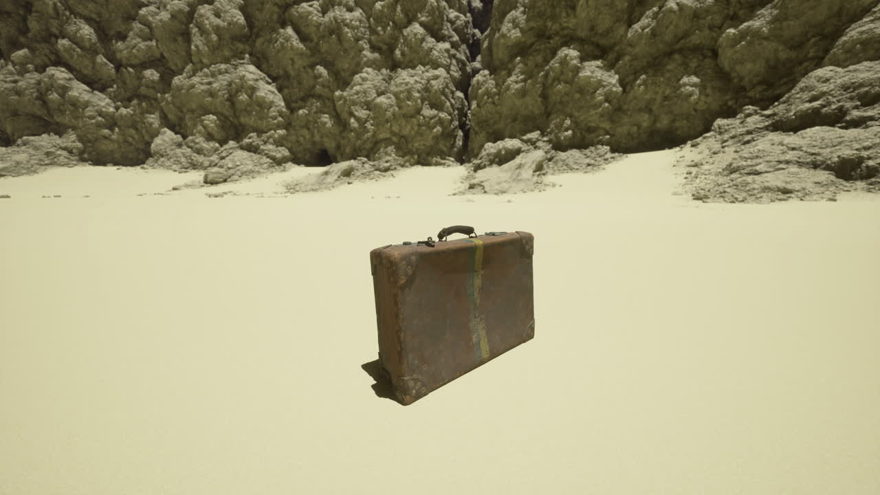 Abandoned suitcase on barren land surrounded by rocky cliffs in daylight