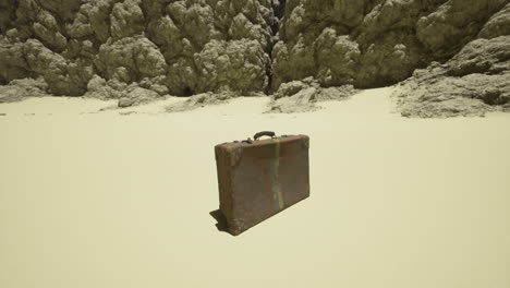 abandoned suitcase on barren land surrounded by rocky cliffs in daylight