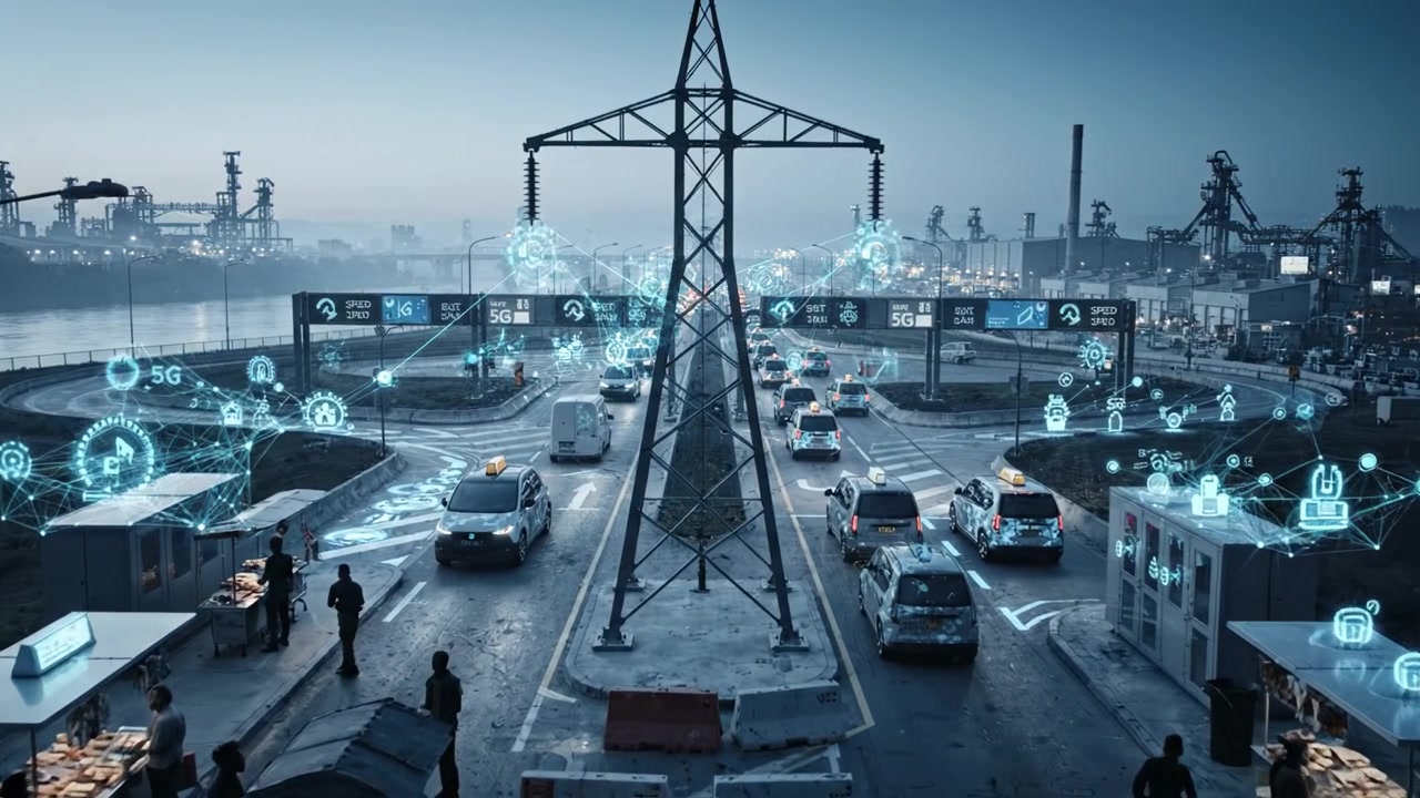 Incrocio Urbano High-Tech: Uno Sguardo al Futuro dei Trasporti con Tecnologia Intelligente e Veicoli Connessi che Migliorano la Navigazione Cittadina