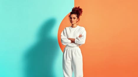 woman in white sweatsuit posing in studio