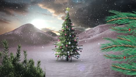 Animation-Von-Schnee,-Der-über-Den-Weihnachtsbaum-In-Der-Winterlandschaft-Fällt