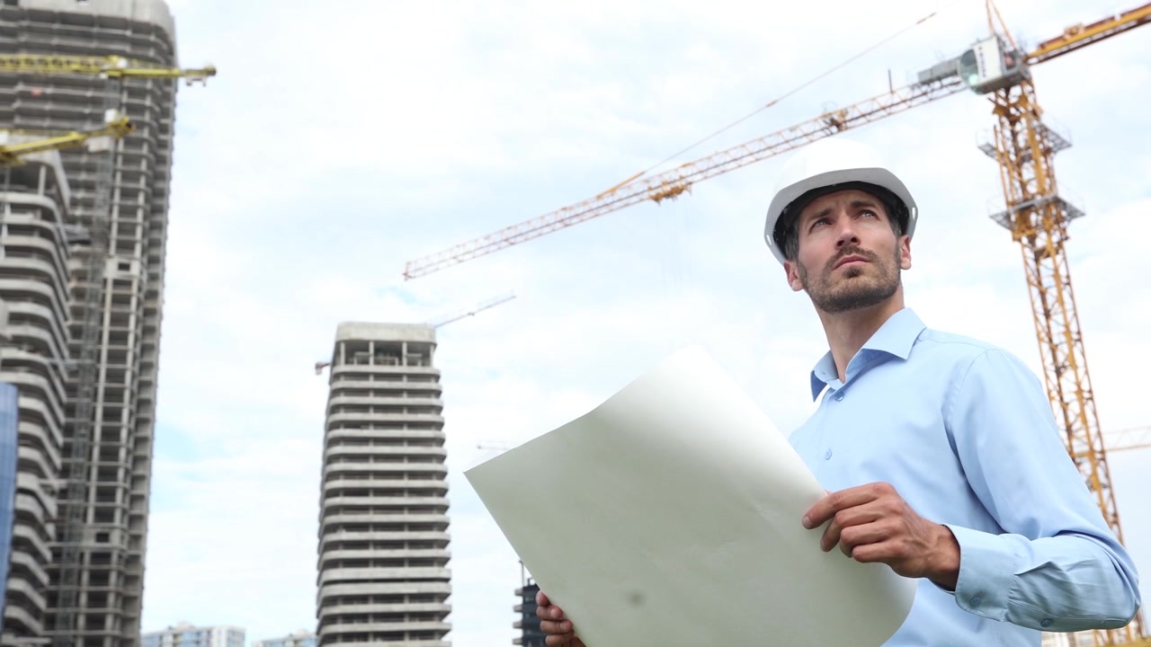 Ingeniero con casco inspeccionando planos en una obra de construcción