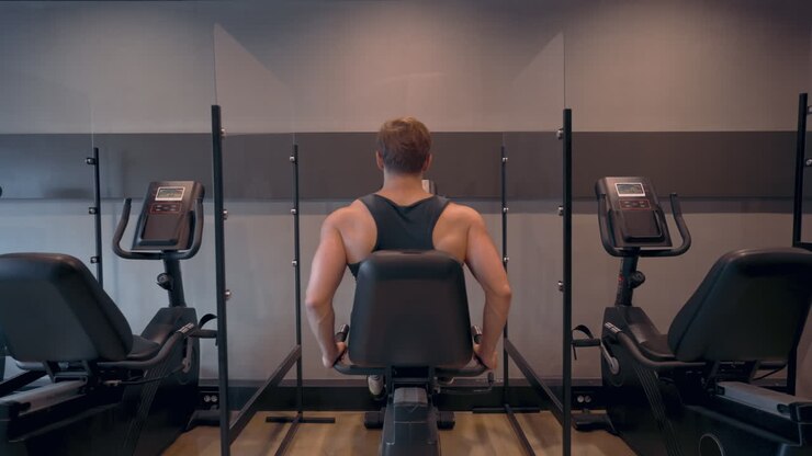 Rear view of Athletic Man Doing Cardio Cycling Training in Stationary Bicycle Machine at Gym