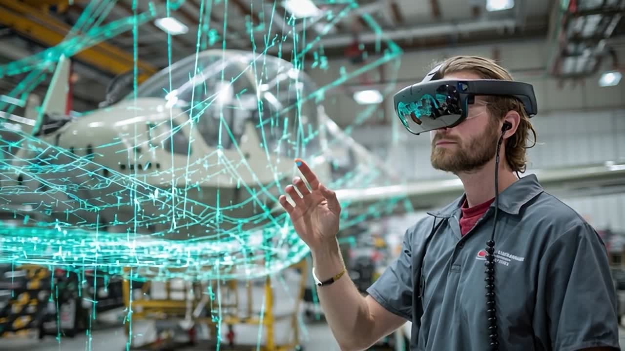 Technician uses augmented reality to inspect aircraft in hangar