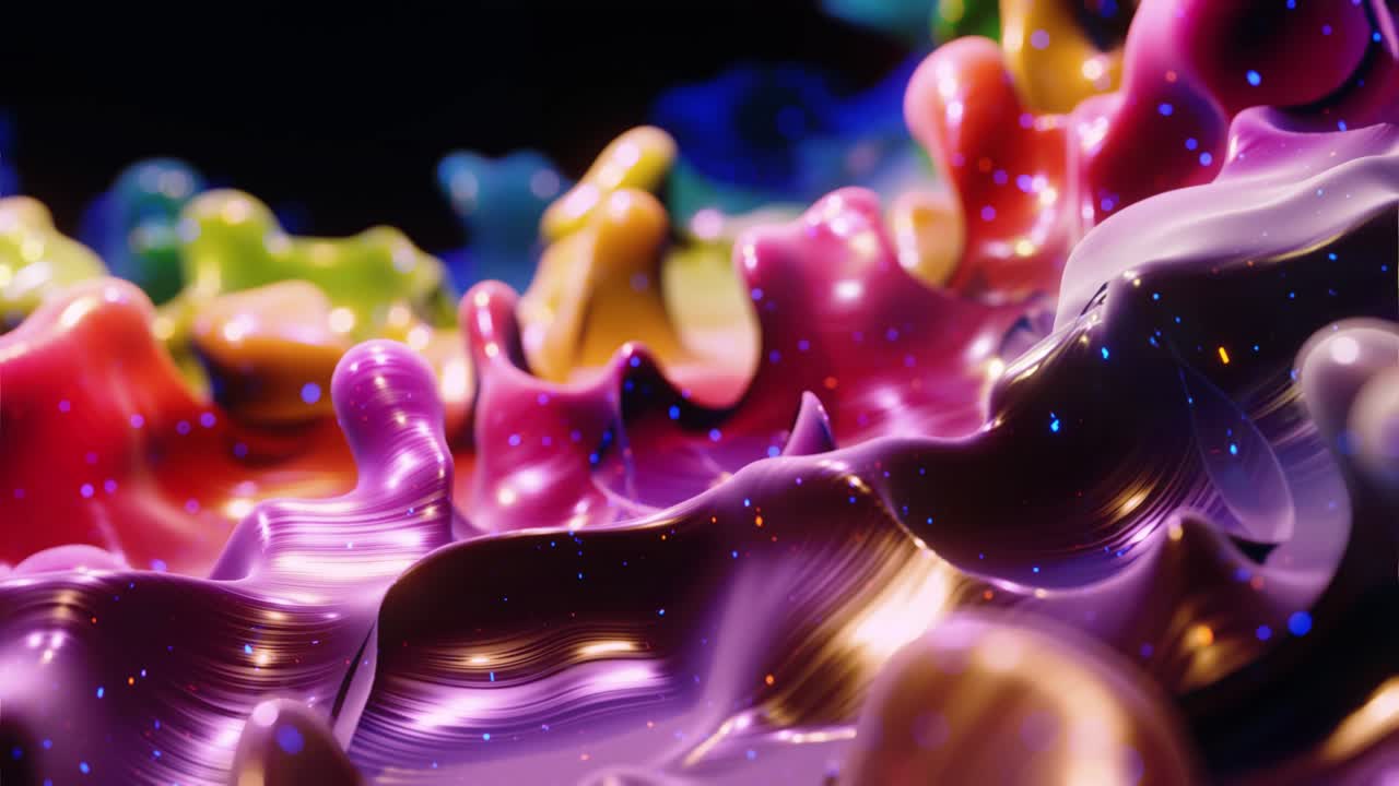 4k에서 액체 그라디언트 무지개 색의 부드러운 추상 애니메이션, 추상적인 루프 축제 배경으로 밝은 반이는 페인트 표면, 물방울처럼 표면에 3d 스플래시와 함께 점성 액체에 반이는.