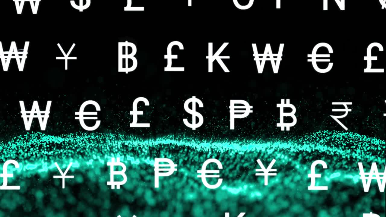 검은 바탕에 동적 파동을 형성하는 점 위에 통화 기호의 애니메이션