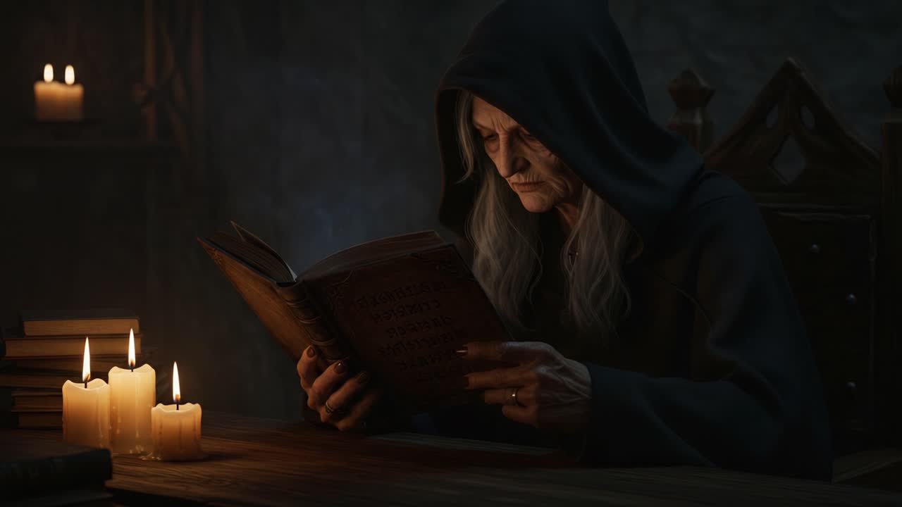 An Enigmatic Sorceress Studying an Ancient Tome by Candlelight, Surrounded by Shadows and Whispering Secrets in a Mysterious Library Setting