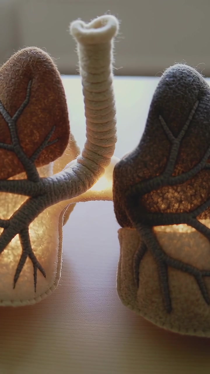 Video verticale: La telecamera in movimento e la luce variabile inquadrano polmoni in feltro su un tavolo vicino alla finestra, mostrando la trachea