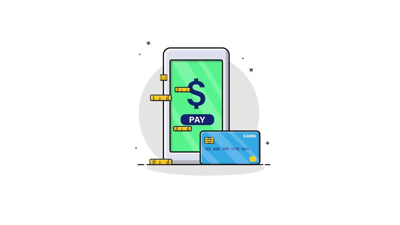 Animated Mobile Payment with Credit Card and Coins Illustration