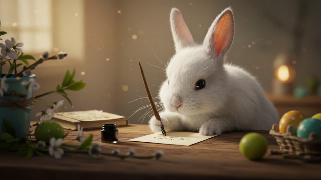 A Charming White Bunny Delicately Writing on a Note with a Quill, Surrounded by Colorful Eggs and Fresh Flowers in a Cozy, Sunlit Room