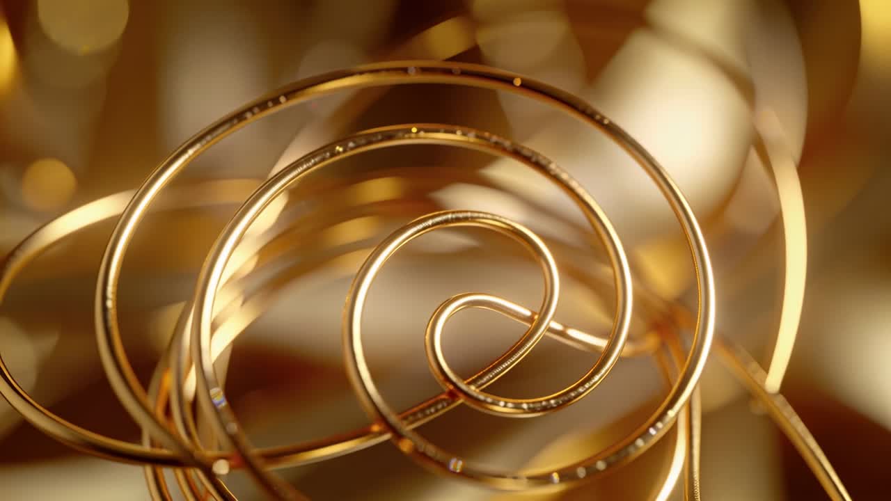 Telecamera che si sposta rivelando una spirale di nastro dorato in macro studio, mostrando le spire interne e l'effetto bokeh.