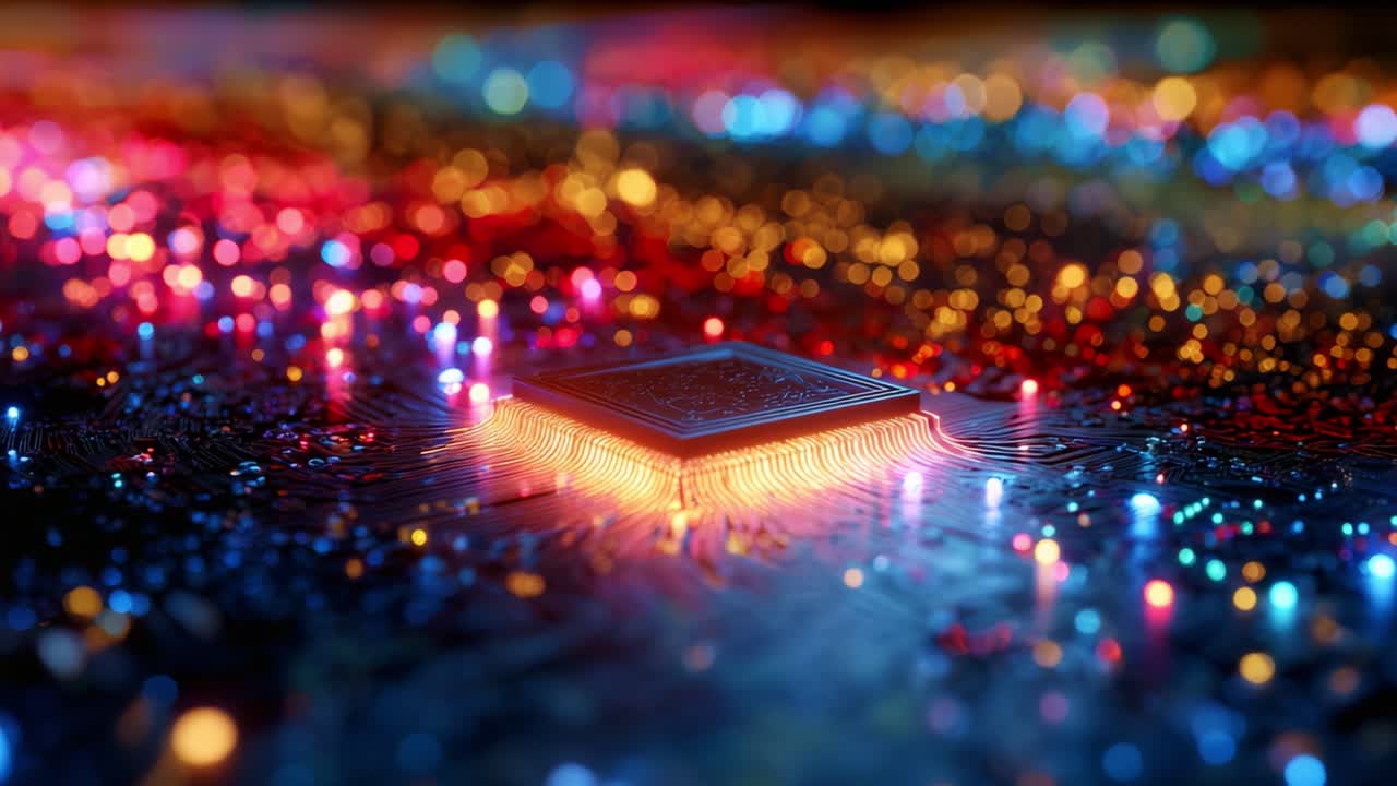 A Stunning Close-Up of a Computer Microchip Surrounded by Colorful LED Lights on a Circuit Board, Highlighting the Intricacies of Modern Technology and Digital Innovation