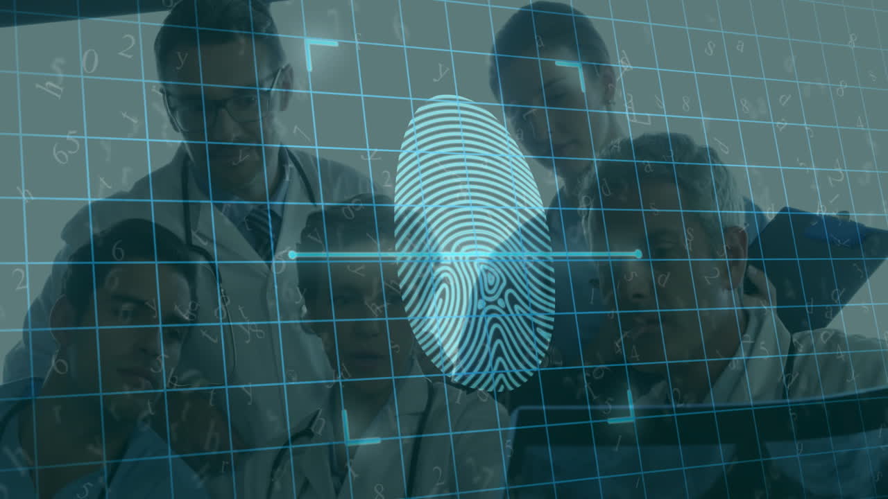 Fingerprint scanning animation over scientists analyzing data on digital screen