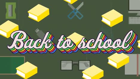 animación del texto de regreso a la escuela sobre los iconos de los artículos escolares en fondo verde
