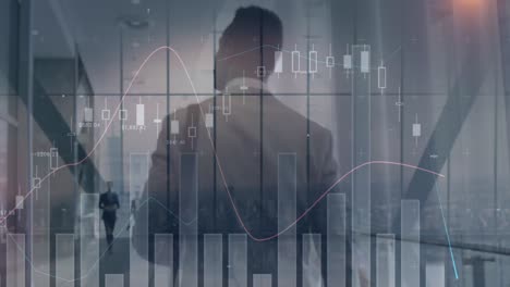 animation of financial data over back view of african american businessman walking in office