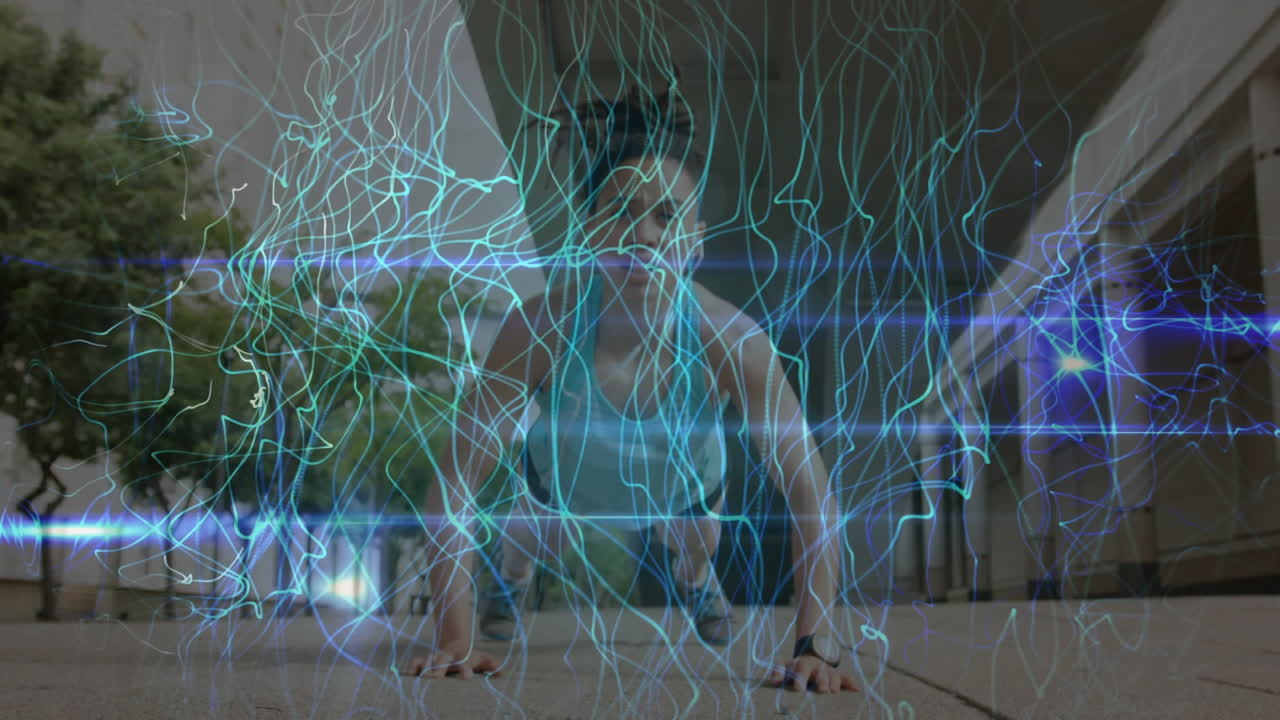 animación de la red de conexiones sobre mujeres que hacen ejercicio al aire libre