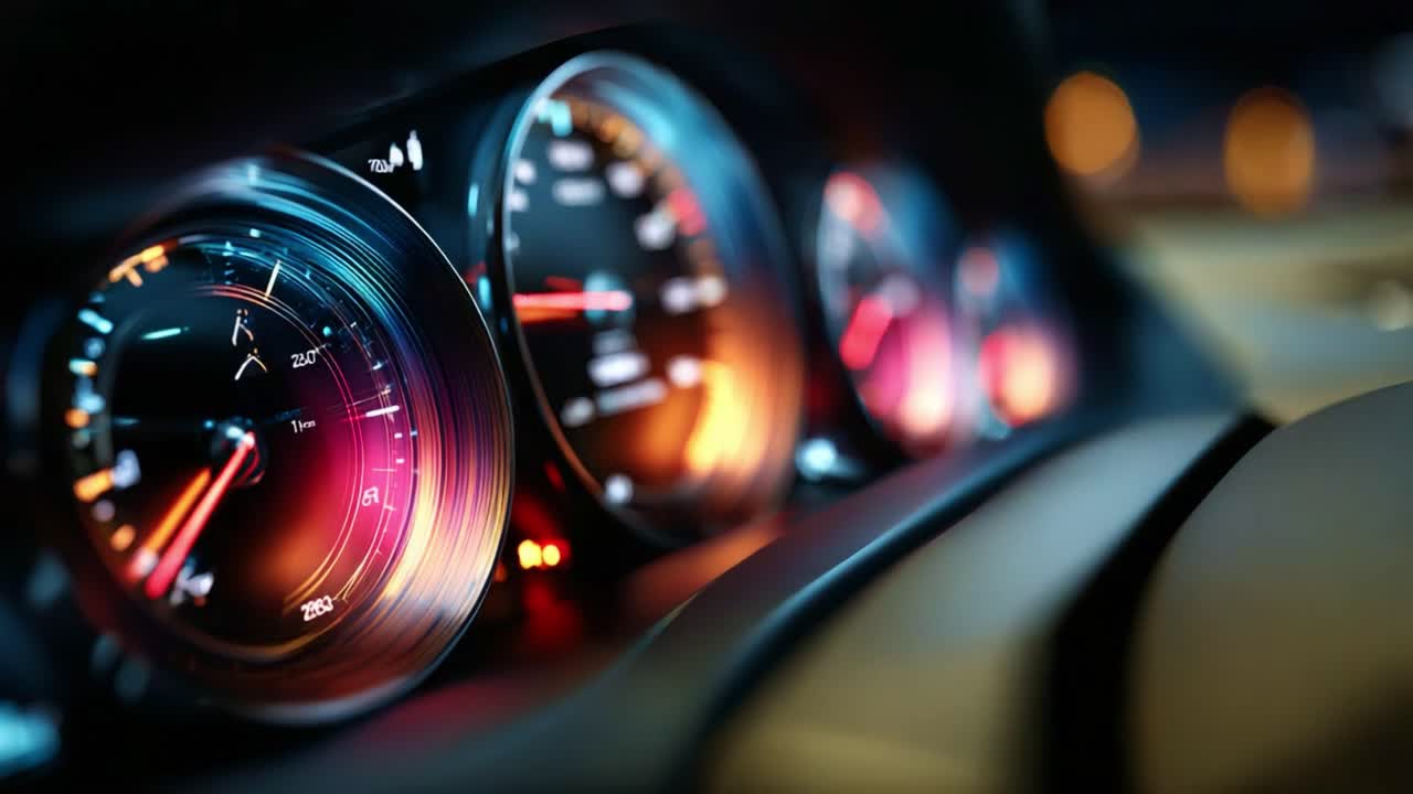 Dynamic Close-Up of Vehicle Dashboard Gauges Displaying Speedometer, Tachometer, and Gear Indicators with Colorful Ambient Lighting in a Modern Automotive Interior