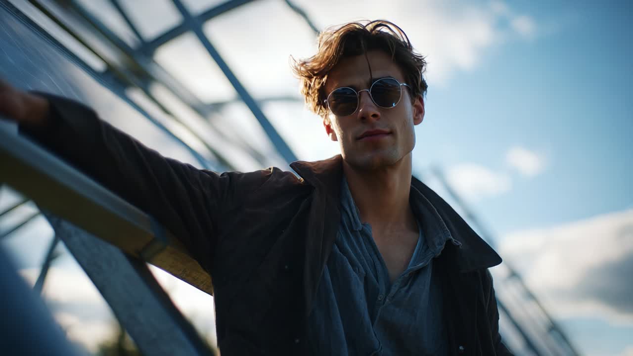 A Young Man in Stylish Sunglasses and Casual Attire Poses Confidently Against a Backdrop of Dramatic Sky, Capturing the Essence of Modern Fashion and Individual Expression