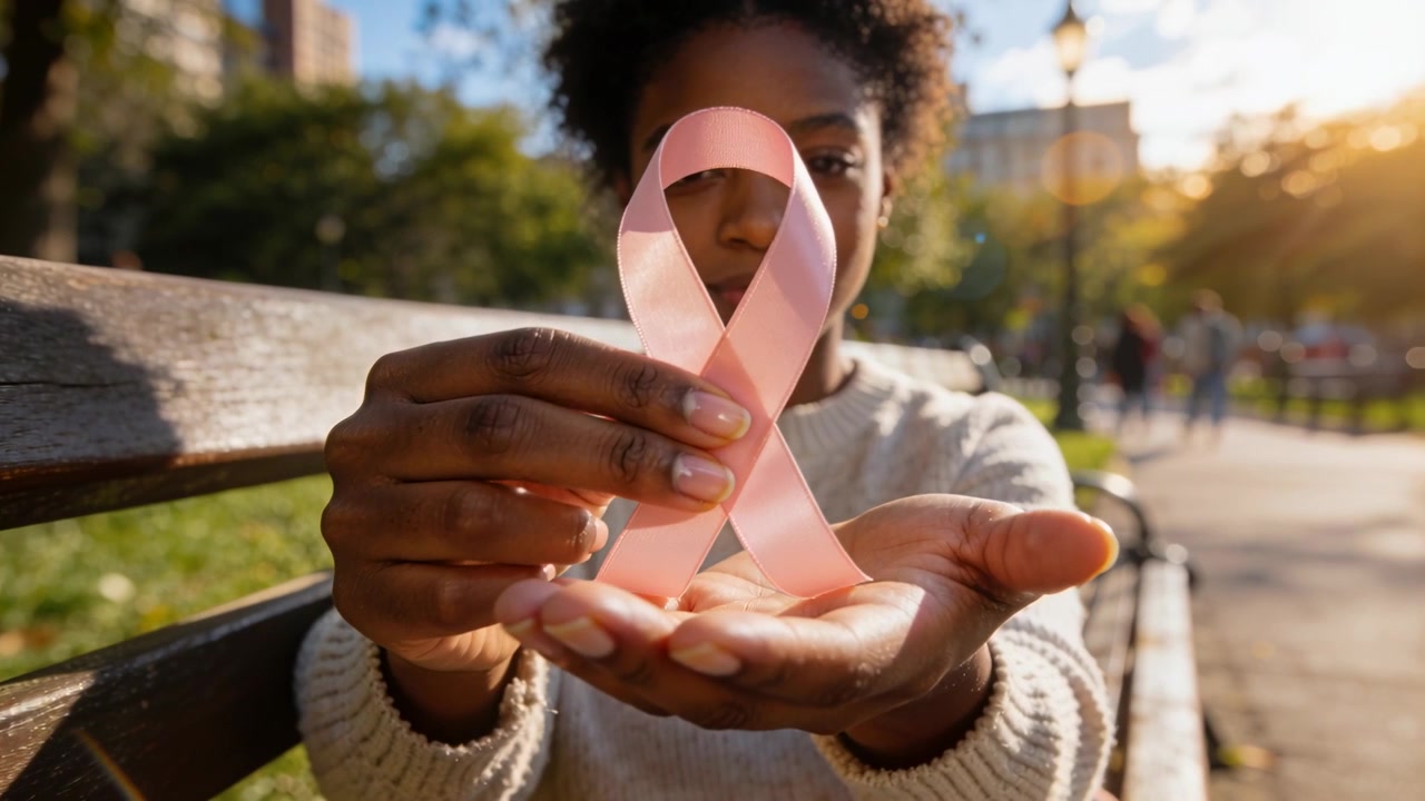 Jovem segurando um laço rosa para a conscientização sobre o câncer