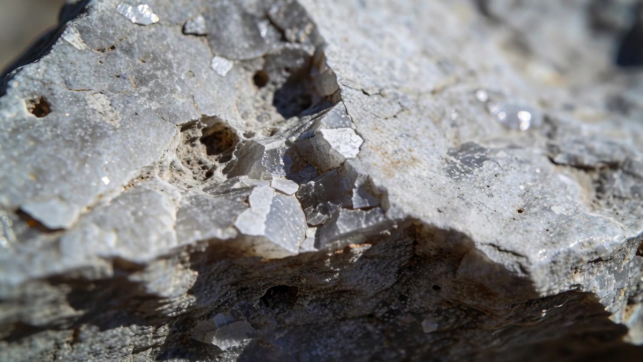 Telecamera che si muove rivelando roccia pallida fratturata in un affioramento luminoso, mostrando scaglie di mica e cavità.