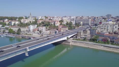 incredible aerial shot of sava river and branko bridge in belgrade city centre