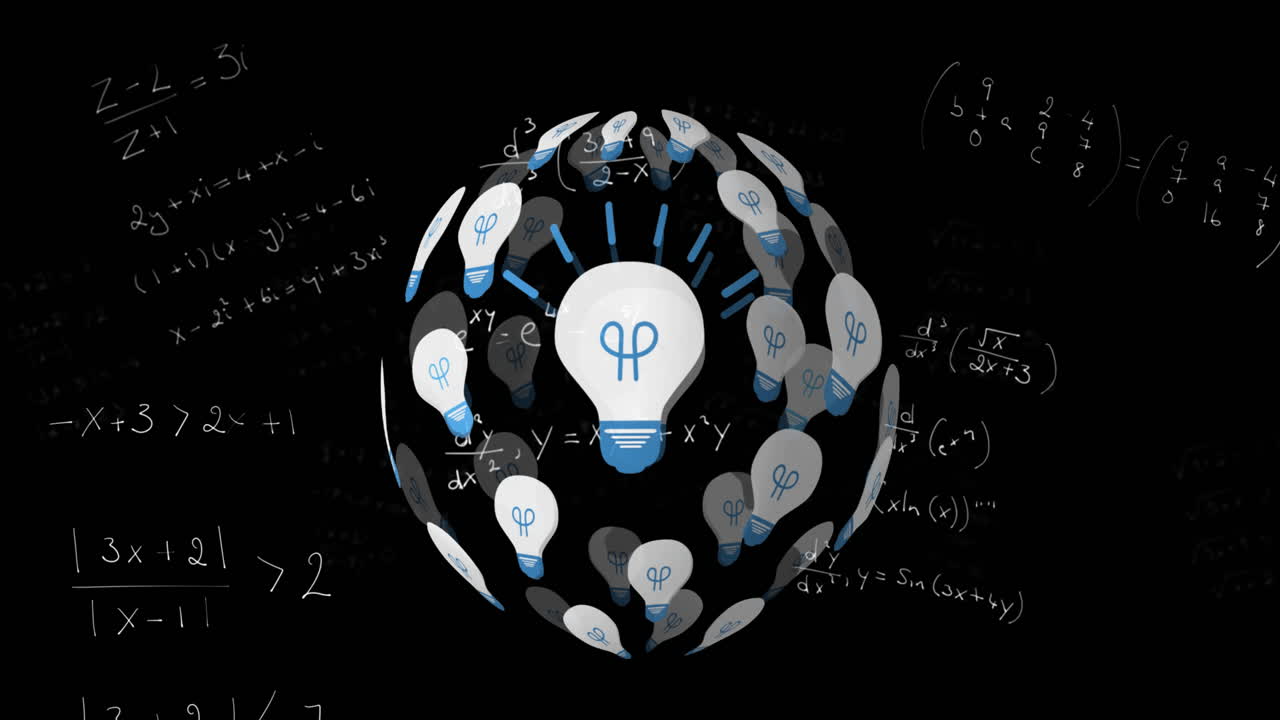Bulb icons forming a globe spinning against mathematical equations on black background
