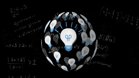 bulb icons forming a globe spinning against mathematical equations on black background