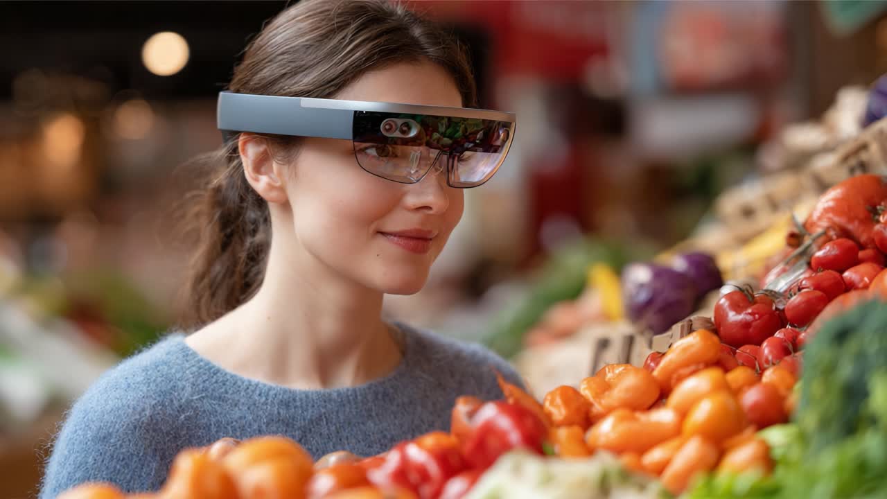 Exploring the Future of Shopping: A Woman Utilizing Innovative Smart Glasses While Examining Fresh Produce at a Vibrant Market