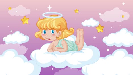 animated cherub moves playfully among clouds and stars.