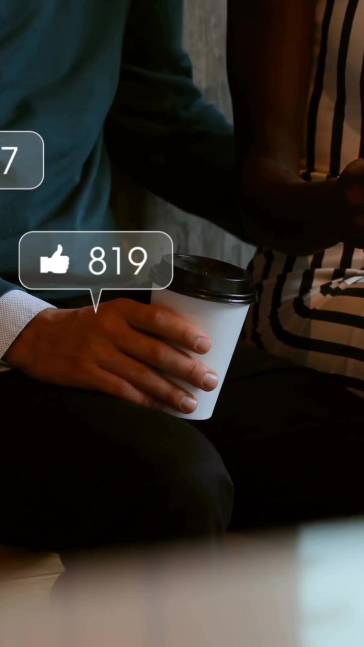 In school, animation of people sitting with social media interaction icons visible