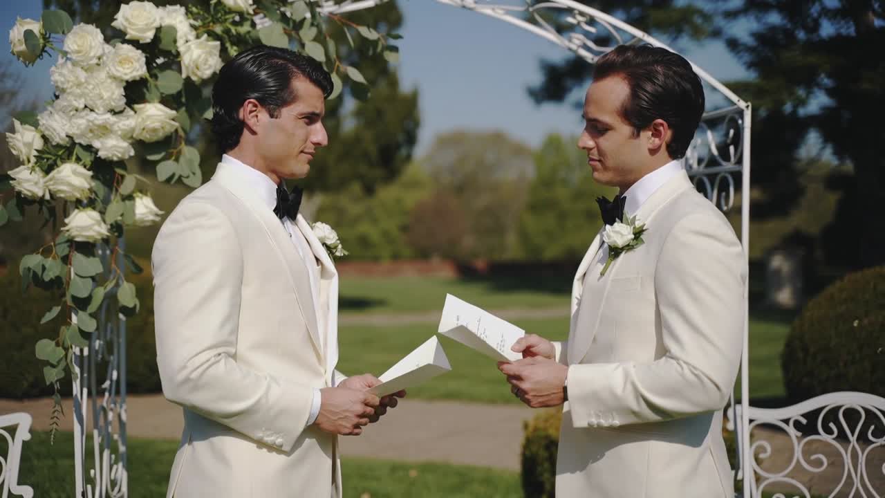 Reading vows after cue, two grooms wearing white tuxedos holding folded papers under floral arch