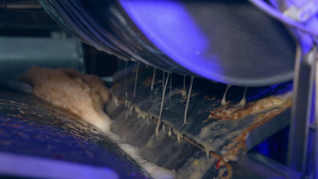 Wide shaft rotating in the machine and producing juice. Freshly-squeezed juice pouring from the roller. Work of equipment at modern food factory.