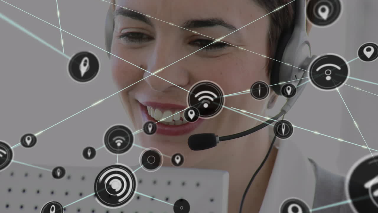 animación de una red de conexiones e iconos sobre una mujer de negocios con auriculares