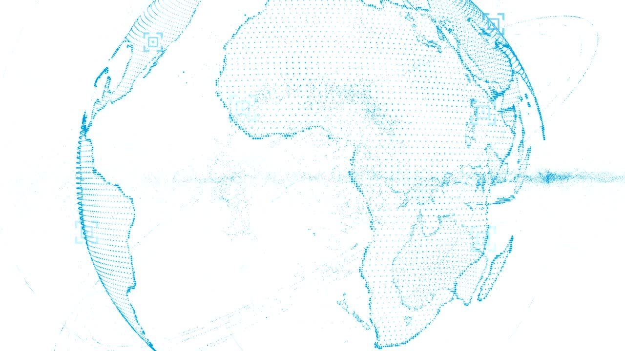Pixel 3D blue shining globe of Earth in rotating with wave particles. Planet earth rotating animation future technology concept with empty blank for your text and logo.