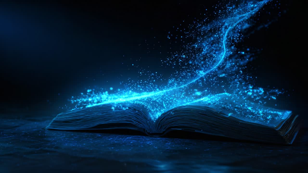 A Mystical Journey Through Enchantment: An Open Book Surrounded by Glowing Blue Magical Particles and Sparkles, Symbolizing Knowledge, Wonder, and Imagination Unleashed