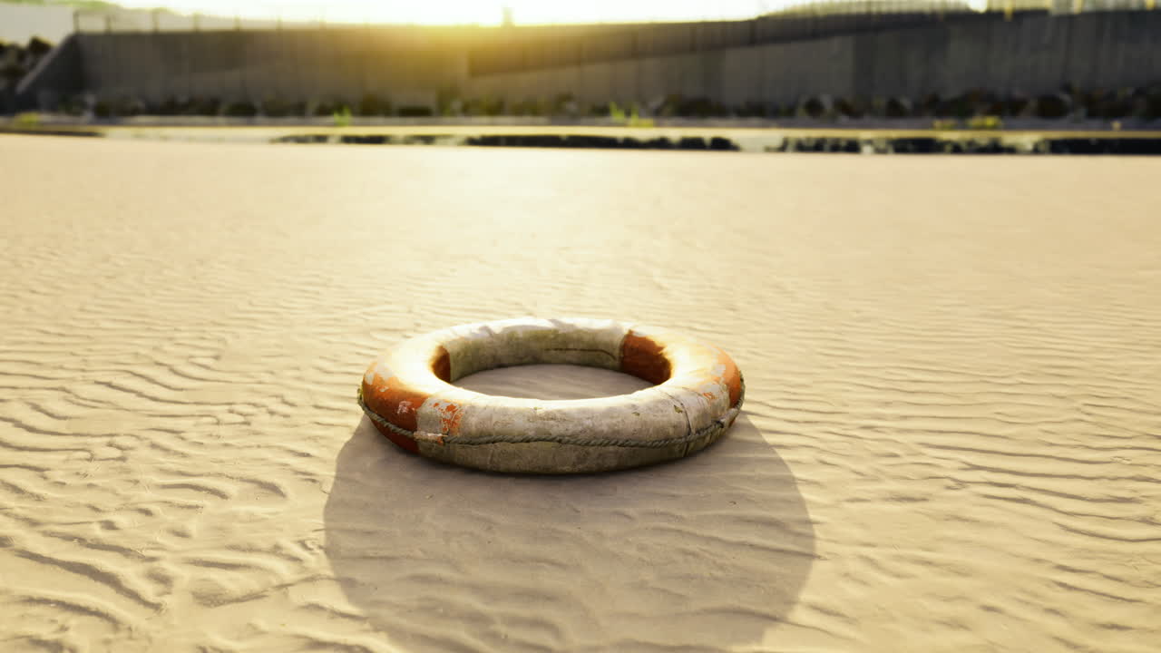 Lifebuoy nestled upon warm sands at sunset near quiet shoreline