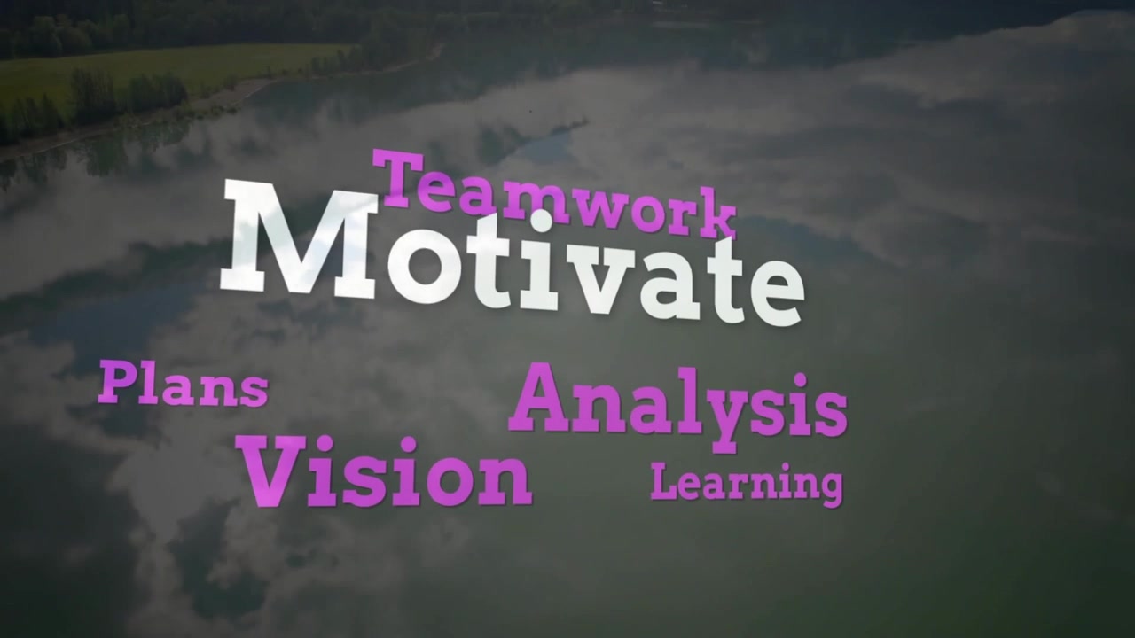 Animating title cluster shifting central words over aerial river valley, showing Education Motivate
