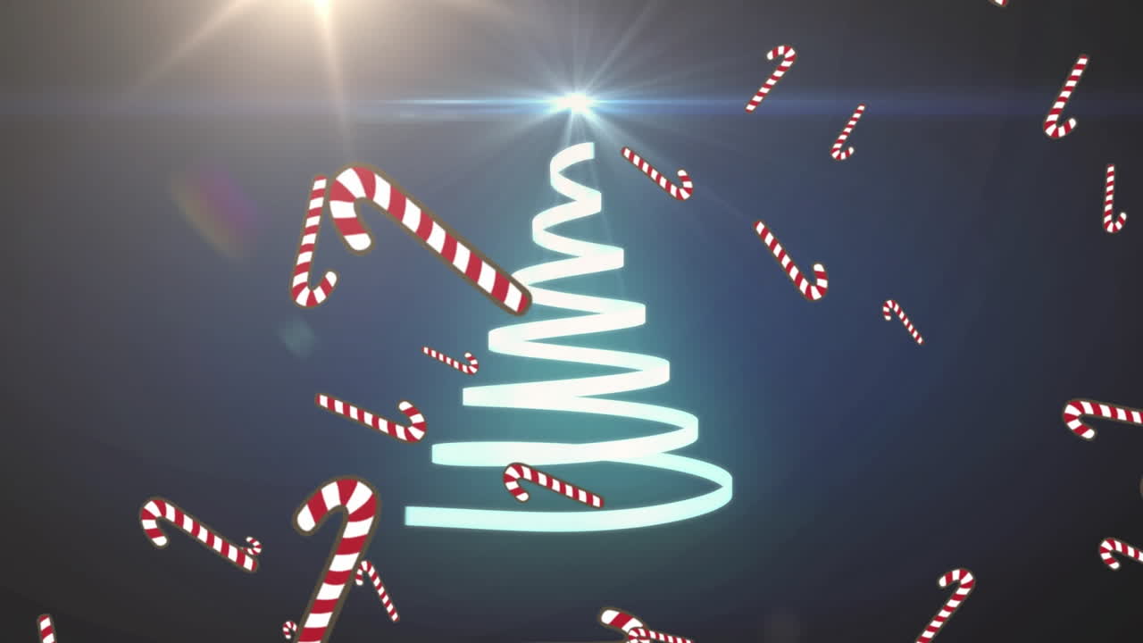 animación del árbol de navidad formado con cinta amarilla y cañas de caramelo cayendo