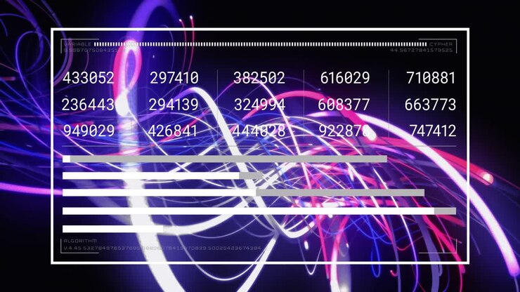 Animazione di interfaccia digitale con numeri e grafici dinamici su sfondo di strisce luminose.