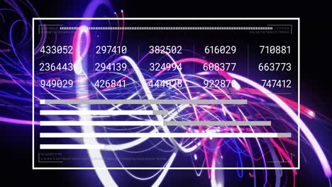 animación de la interfaz digital con números y gráficos cambiantes contra rayas de luz iluminadas