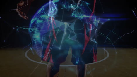 basketball player with animation of digital globe and network connections